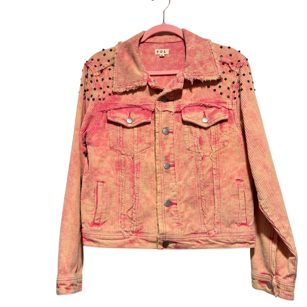 POL Pink Acid Wash Studded Corduroy Jacket Bohemian Frayed Trucker Women‎ MEdium - Picture 2 of 7